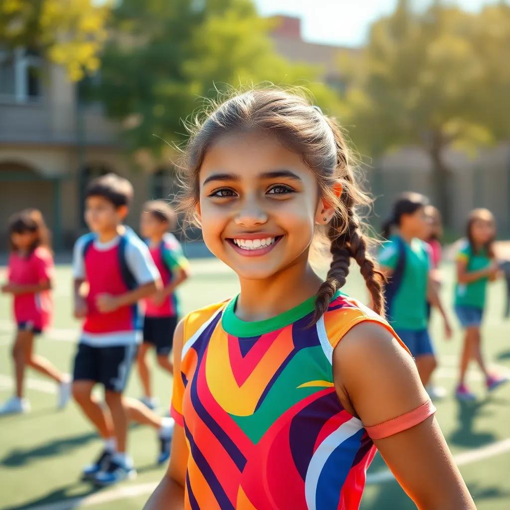 A beautiful and athletic girl, Layla, with a bright smile, practicing sports in the school playground, wearing a colorful athletic uniform, surrounded by friends and sunshine, cheerful atmosphere, vibrant colors, digital art, high quality
