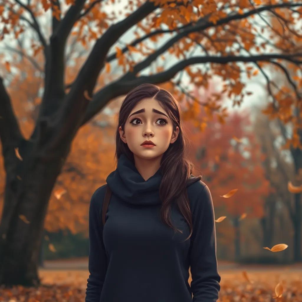 A scene of Layla looking sad and surprised, finding out her boyfriend was unfaithful, standing under a tree, with falling leaves around her, warm autumn colors, emotional, storytelling, digital painting, high quality