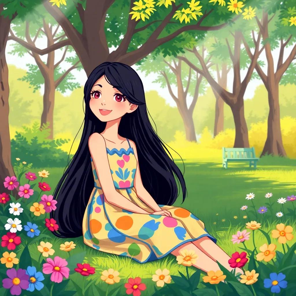A beautiful girl with long black hair, wearing a colorful dress, sitting in a park surrounded by trees and flowers, smiling and talking to her friend, sunlight shining down, cheerful atmosphere, vibrant colors, child-friendly, high quality