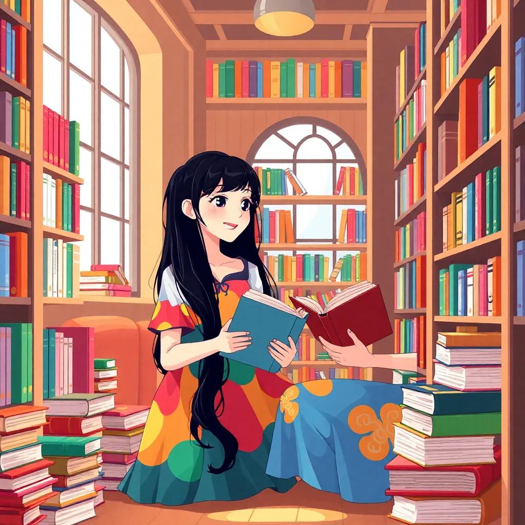 A cozy library filled with colorful books, two girls reading together, one girl with long black hair in a colorful dress, smiling at her friend, warm lighting, inviting and friendly scene, lively and engaging, high quality