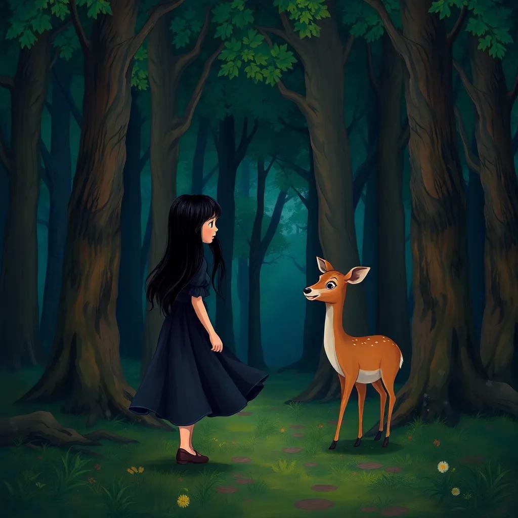 A dark forest with trees that have thick trunks and dense foliage, a young girl named Luna with long black hair wearing a flowing dark dress, talking to a friendly deer, whimsical style, colorful digital art, enchanting atmosphere, vibrant greens and browns, inviting perspective, high quality