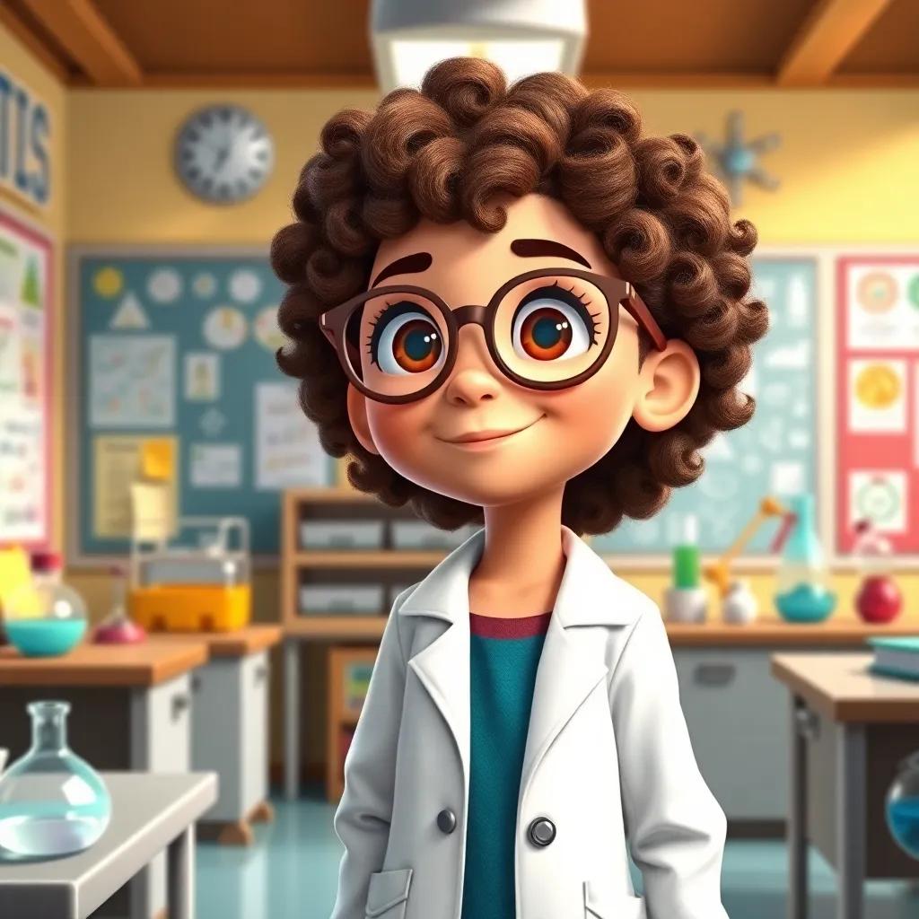 A young girl, Leila, with curly hair wearing glasses and a lab coat, standing in a classroom filled with science posters and equipment, eager to learn, bright colors, child-friendly, educational atmosphere