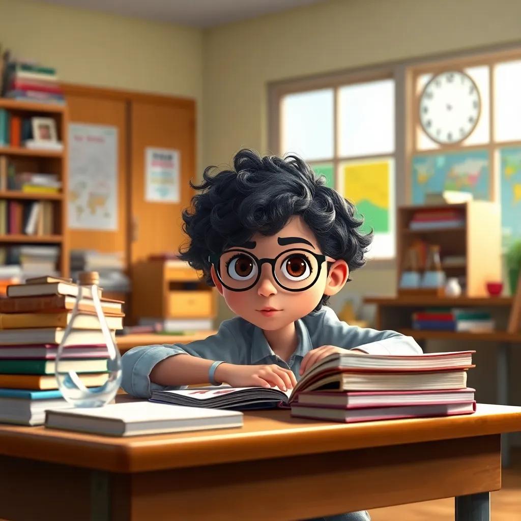 Leila, a young girl with curly hair wearing glasses, studying at a desk piled with books and science projects, determined expression, colorful classroom setting, motivational vibe