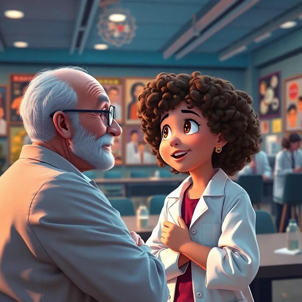 Leila, a young girl with curly hair, excitedly listening to an old scientist in a conference room, filled with scientists and science posters, inspiration in the air, vibrant colors