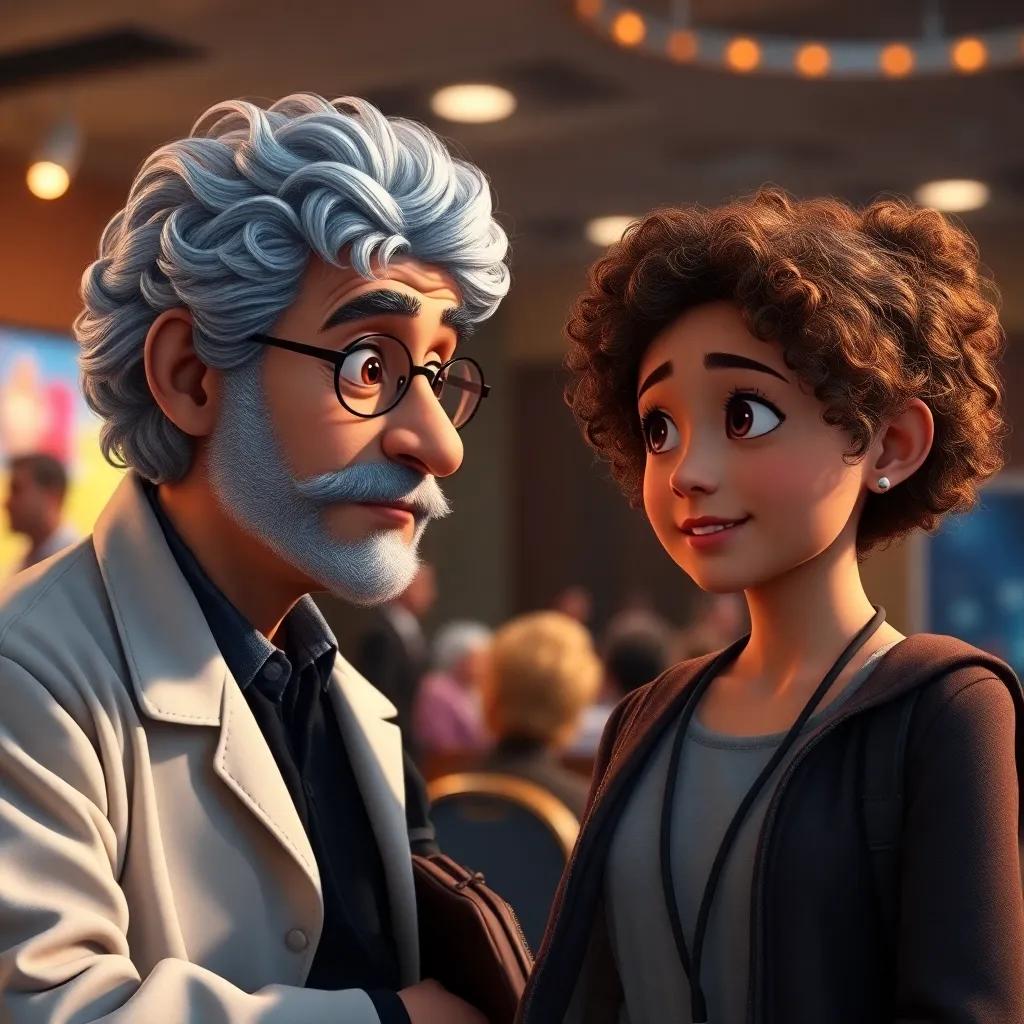 A wise scientist, with gray hair and a thoughtful expression, talking to Leila, a young girl with curly hair, in a lively conference, showcasing discovery, rich details, warm lighting