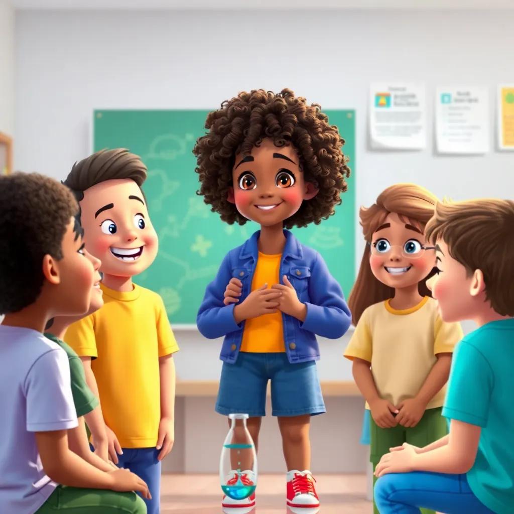 Leila, a young girl with curly hair, standing proudly in front of her classmates presenting a science project, enthusiastic expressions on friends' faces, celebration of learning, bright colors