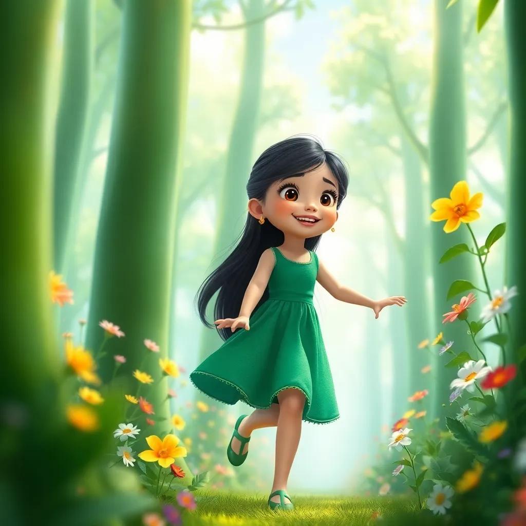 A young girl, Leila, with long black hair wearing a green dress, playing joyfully among tall green trees, colorful flowers blooming around her, digital art, vibrant colors, lively atmosphere, high quality