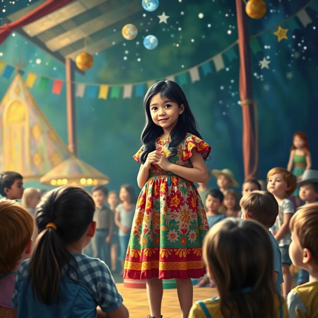 Lina, a young girl with long black hair in a colorful dress, standing on a stage at a village festival with children gathered around her, sharing stories about stars with excitement, vibrant colors, joyful atmosphere, storytelling perspective, high quality