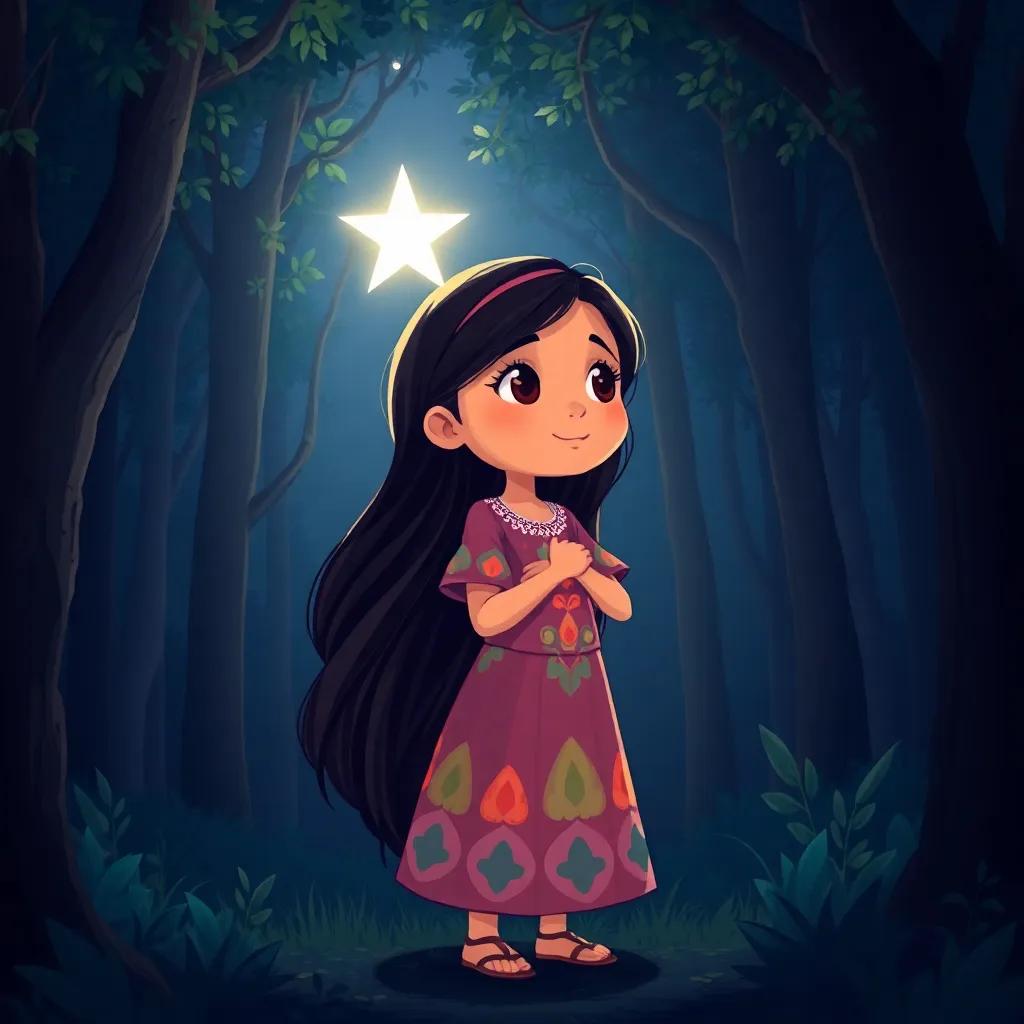 Sara, a young Arab girl, with long, dark hair, wearing a colorful dress, standing in a dark forest, looking at a shining star through the trees, illustration, enchanting, child-friendly, storytelling view