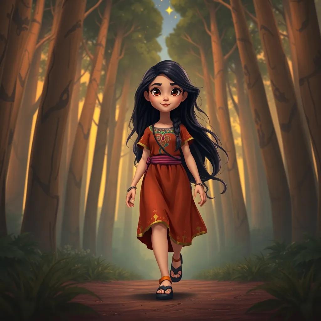Sara, a young Arab girl, with long, dark hair, wearing a colorful dress, walking bravely through a tall forest, stars shining above, detailed digital art, warm colors, adventurous mood