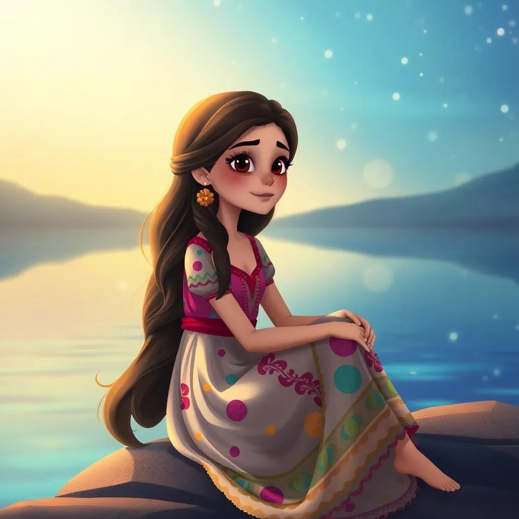 Sara, a young Arab girl, with long, dark hair, in a colorful dress, sitting by a beautiful lake with water reflecting stars, dreamy atmosphere, soft light, whimsical art