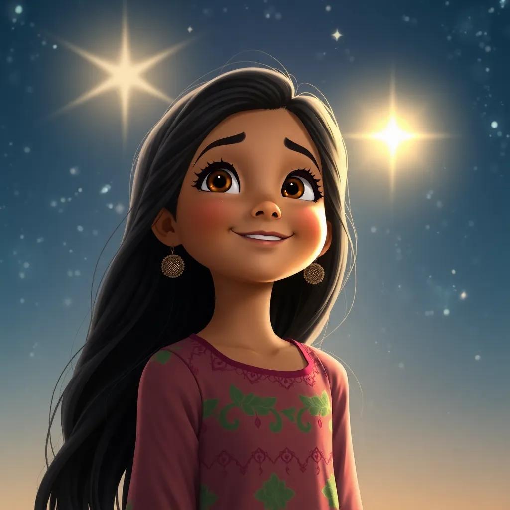 Sara, a young Arab girl, with long, dark hair, in a colorful dress, smiling under a bright starry sky, with a sense of wonder and hope in her eyes, uplifting imagery