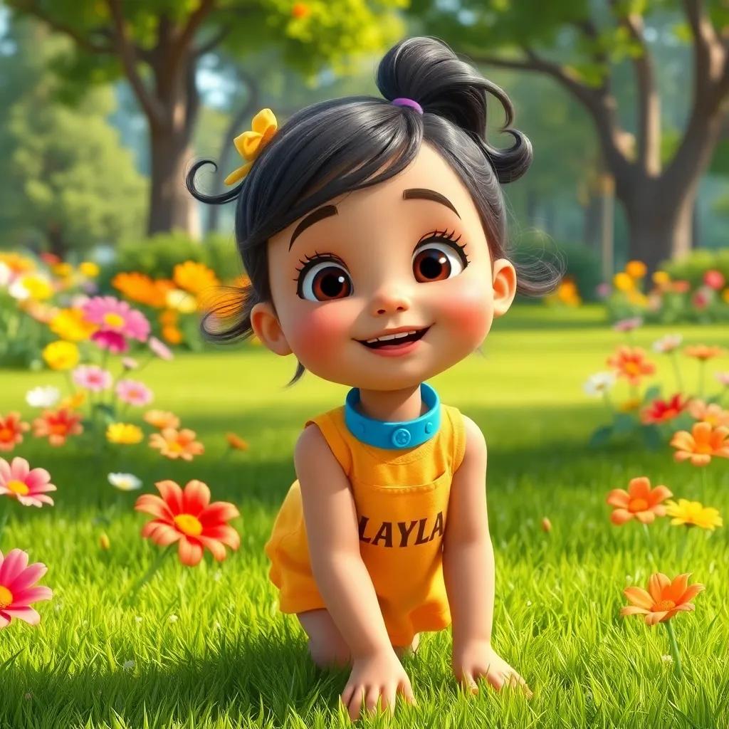 A little girl named Layla, wearing a beautiful blue collar, playing in a vibrant park with green grass and colorful flowers, cheerful atmosphere, digital art, bright colors, inviting scene, high quality