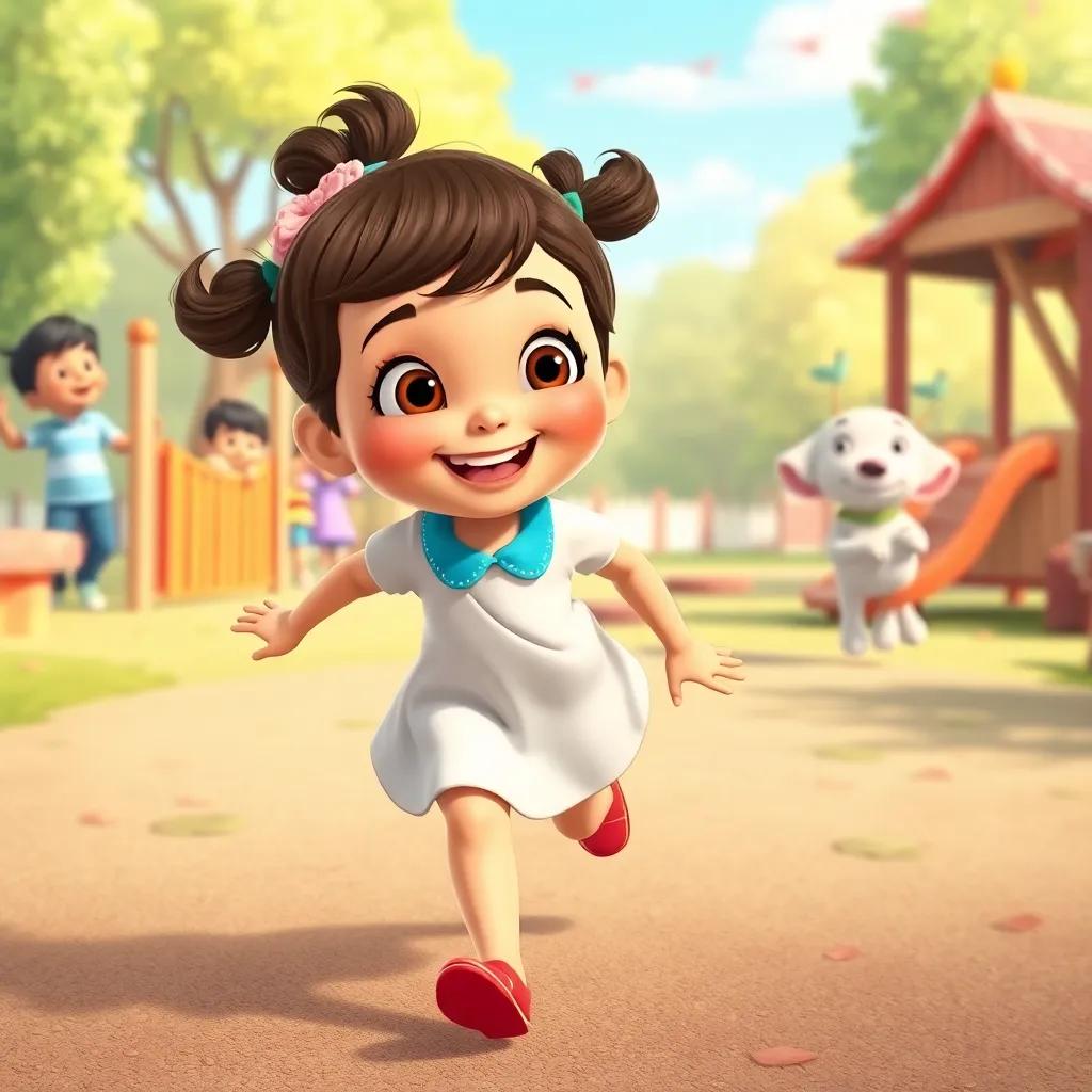 Layla, a little girl with a lovely blue collar, running joyfully towards her friend Sami in a playful playground surrounded by laughter and joy, illustration, fun and cheerful, child-friendly, high quality