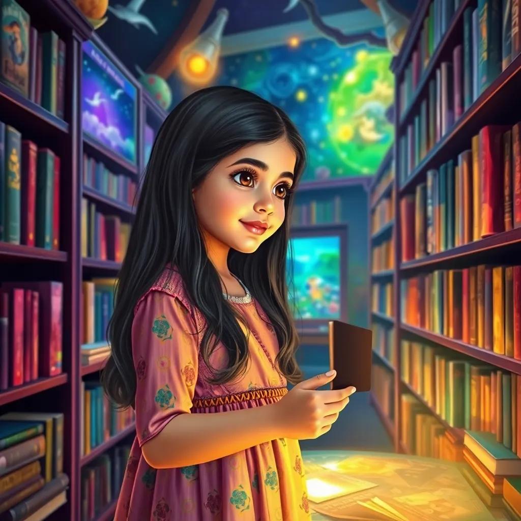 A young Arab girl, Leila, with long, dark hair wearing a colorful dress, exploring a magical electronic library filled with books and a glowing screen, surrounded by shelves of fantasy and adventure, bright and cheerful colors, inviting atmosphere, high quality