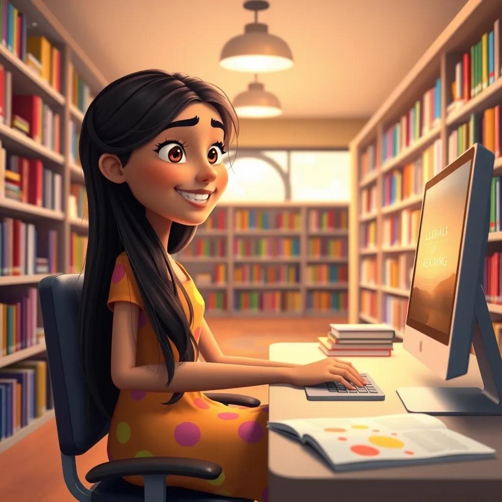 A young Arab girl, Leila, with long, dark hair, wearing a colorful dress, sitting at a computer in a bright library filled with colorful books, digital art, cheerful, vibrant colors, warm lighting, inviting atmosphere, high quality