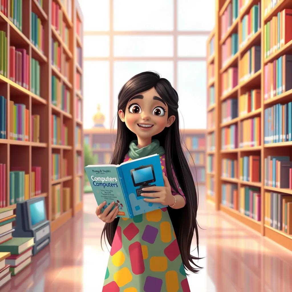 Leila, a young Arab girl, with long, dark hair, wearing a colorful dress, holding colorful books about computers in a bright library, illustration, joyful, rich colors, child-friendly, storybook style