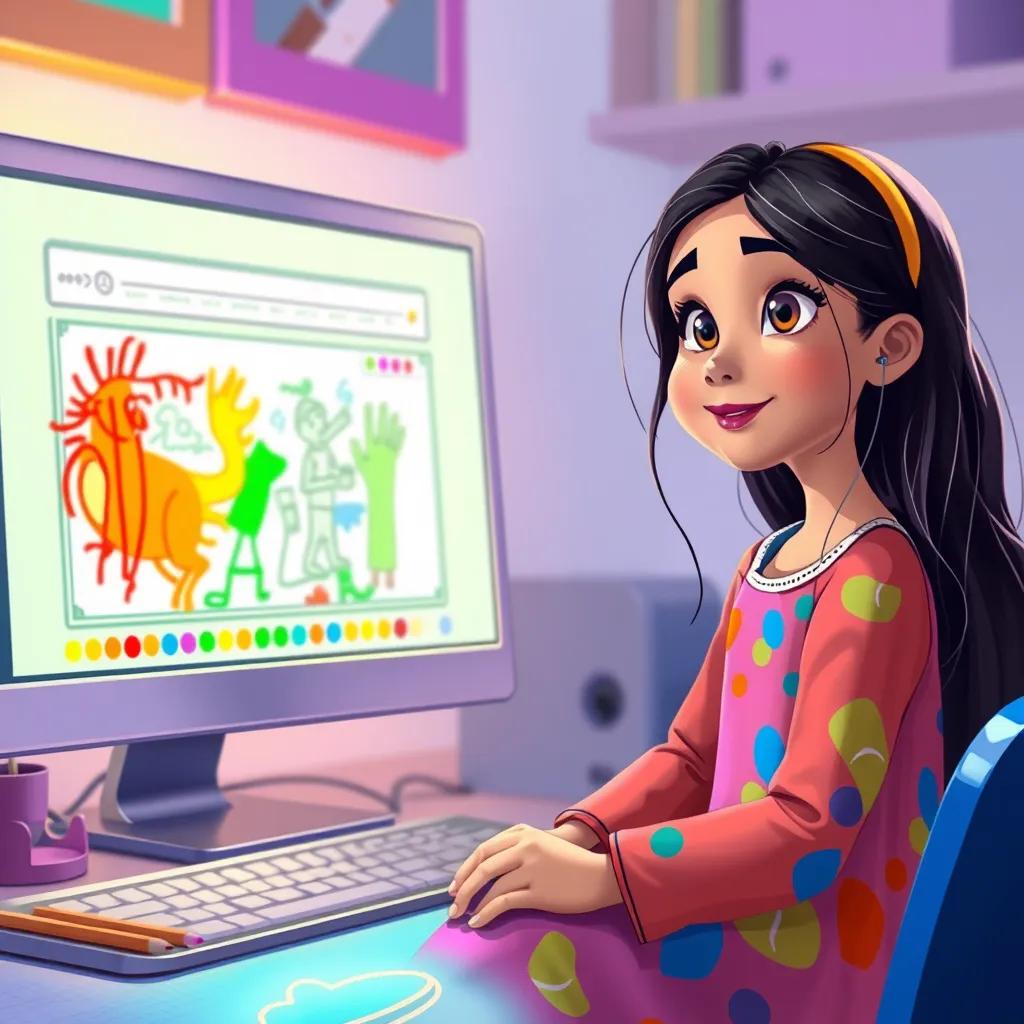 Leila, a young Arab girl, with long, dark hair, wearing a colorful dress, sitting in front of a computer screen that shows a drawing program filled with colors, digital painting, engaging, vivid colors, creative atmosphere, high quality