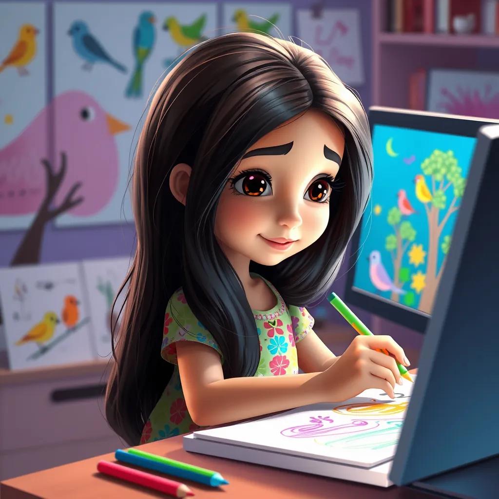 Leila, a young Arab girl, with long, dark hair, wearing a colorful dress, drawing colorful birds and trees on the computer, surrounded by bright drawings on the screen, child-safe, fantasy, enjoyable atmosphere, high detail