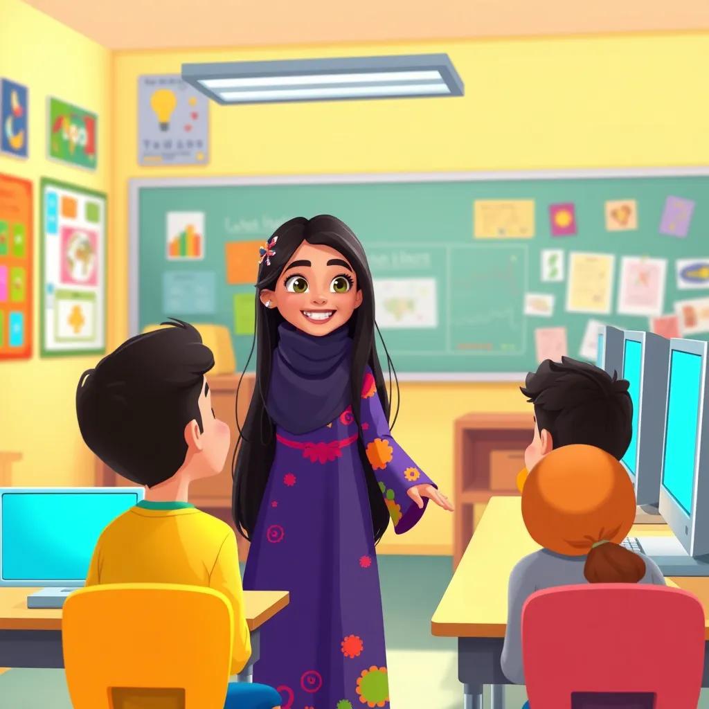 Leila, a young Arab girl, with long, dark hair, wearing a colorful dress, happily showing her friends how to use the computer in a bright classroom with colorful posters, illustration, heartwarming, vibrant colors, joyful view