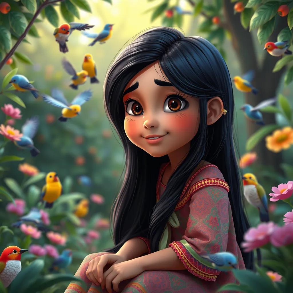 A young Arab girl, Leila, with long, black hair, wearing a colorful dress, sitting in a garden surrounded by birds singing, digital art, bright colors, cheerful atmosphere, high quality