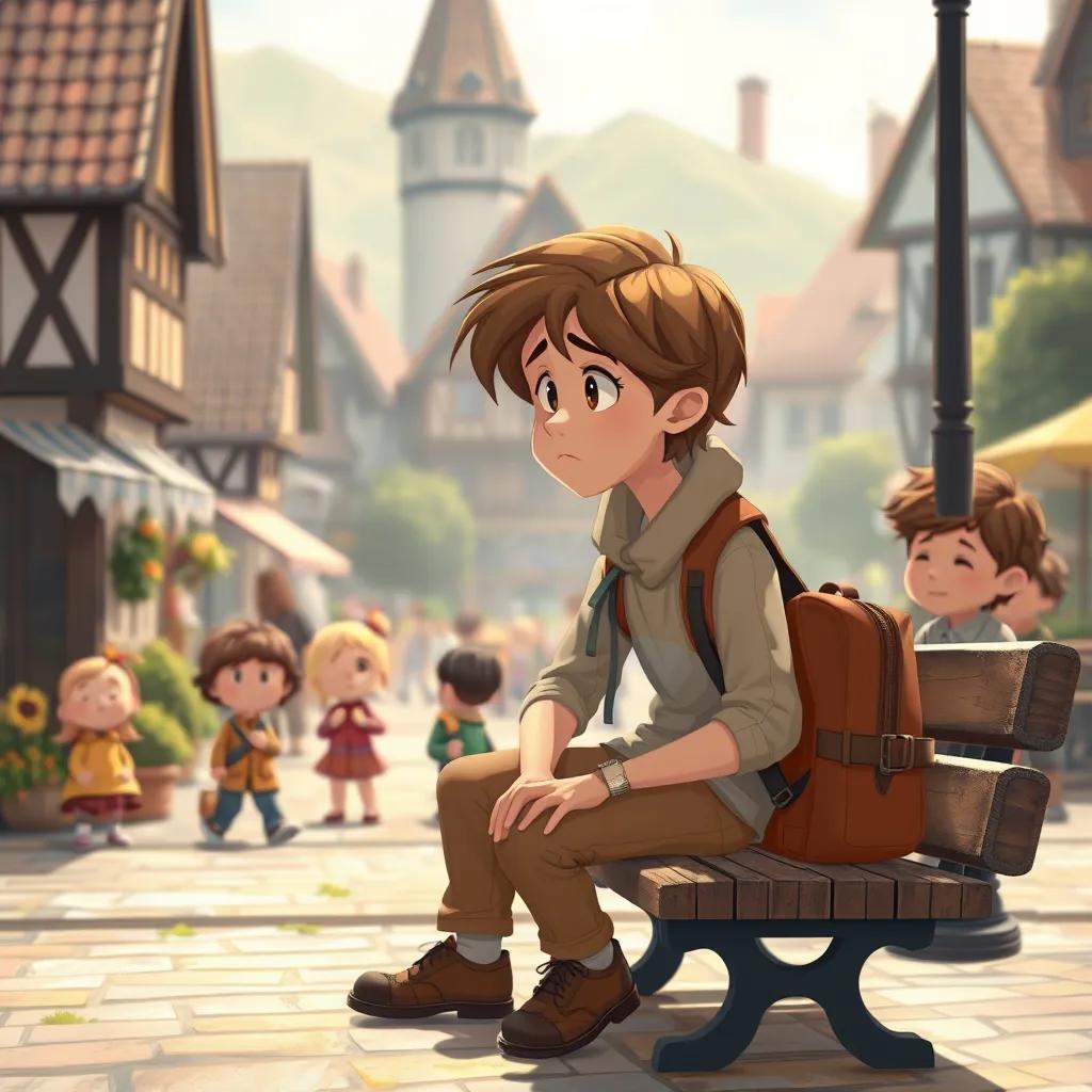A sad traveler with brown hair, wearing travel clothes, sitting on a bench in the village square, looking lonely, surrounded by children, illustration, soft colors, heartwarming, high quality