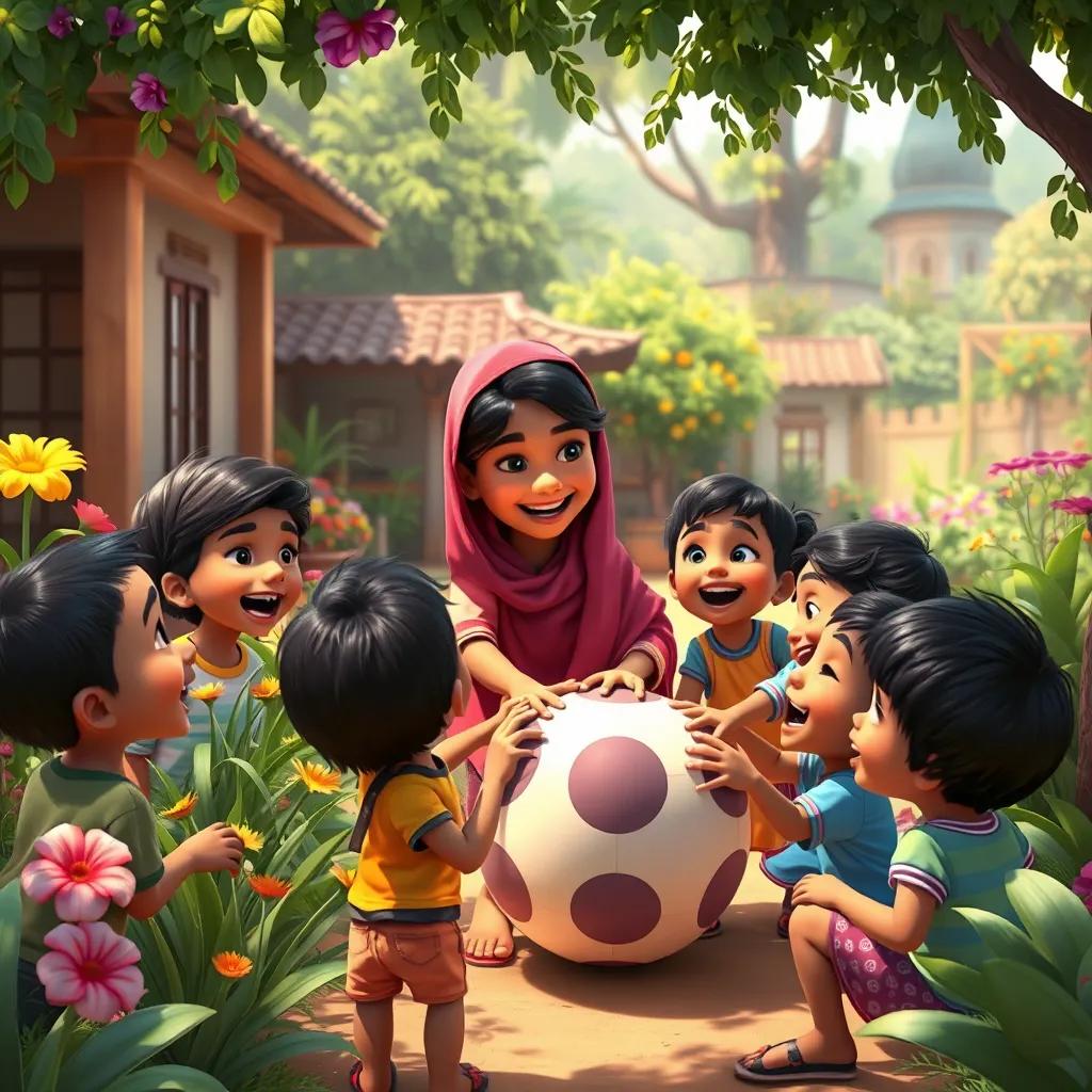 A joyful scene of Leila organizing a game with village children, colorful garden, children laughing and playing, with a lively atmosphere, digital painting, vibrant colors, joyful perspective, high quality