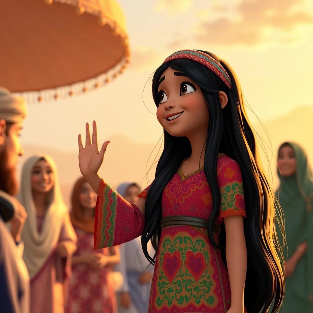 Leila, a young Arab girl with long, black hair in a colorful dress, waving goodbye to the traveler who is now smiling, surrounded by happy friends, warm sunset light, heartwarming scene, fantasy, high quality