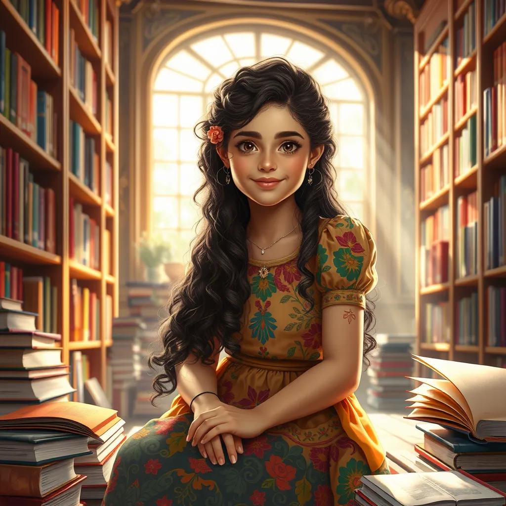 A young Arab girl, Layla, with long, curly hair, wearing a colorful dress, sitting in a library surrounded by science books, bright sunlight streaming in, digital art, cheerful atmosphere, high quality
