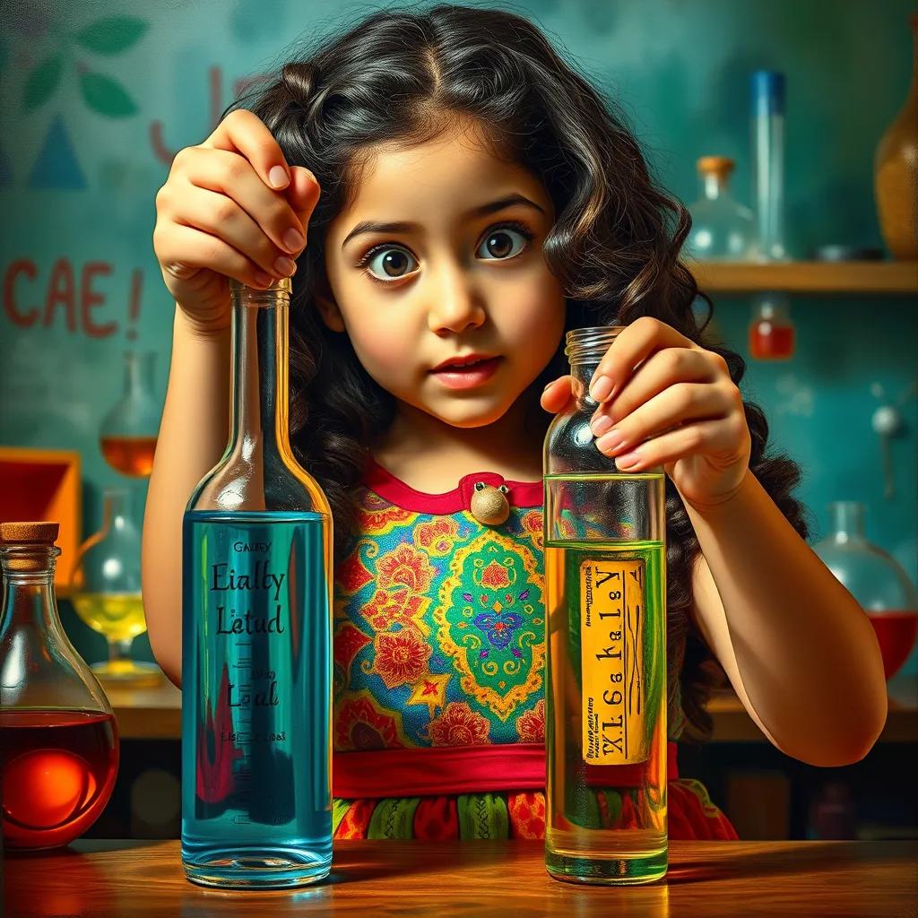 A young Arab girl, Layla, with long, curly hair, wearing a colorful dress, looking amazed at the different liquid in a small bottle, excited expression, science background, vibrant colors, dynamic composition, high quality
