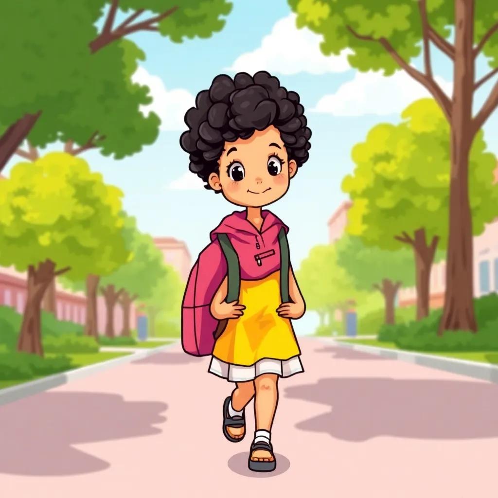 A young Arab girl, Lina, with curly black hair, wearing a bright school uniform and backpack, happily walking to school on a sunny day with trees around, cheerful atmosphere, vibrant colors, child-friendly