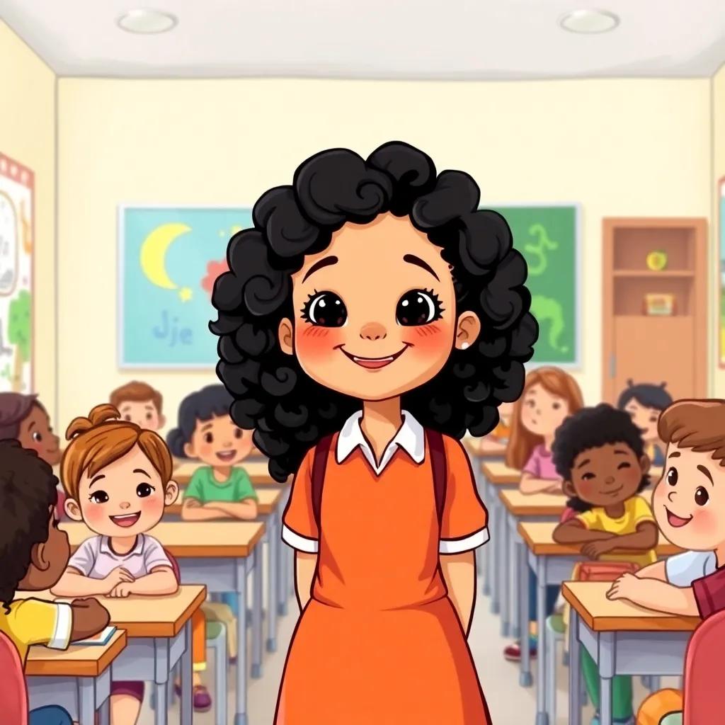 Lina, a young Arab girl with curly black hair in a bright school uniform, standing in front of a classroom with children sitting at desks, joyfully imagining herself as a teacher, engaging and vibrant classroom, smiling faces, colorful art on walls