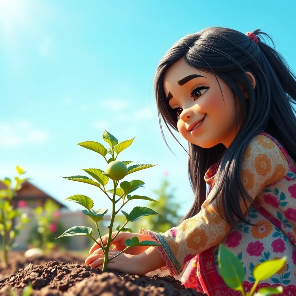 Sara, a young Arab girl, with long black hair and wearing a colorful dress, planting a young apple tree in her garden under a bright blue sky, digital art, vibrant colors, cheerful atmosphere, high quality