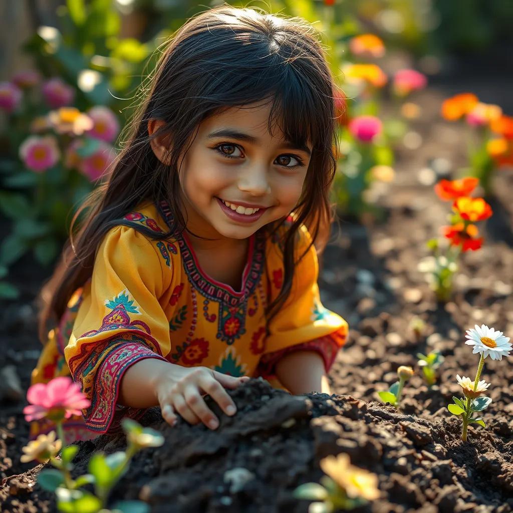 A young Arab girl, Sara, with long black hair and wearing a colorful dress, digging in her garden, surrounded by flowers and soil, bright sunlight, joyful expression, detailed digital art, warm atmosphere