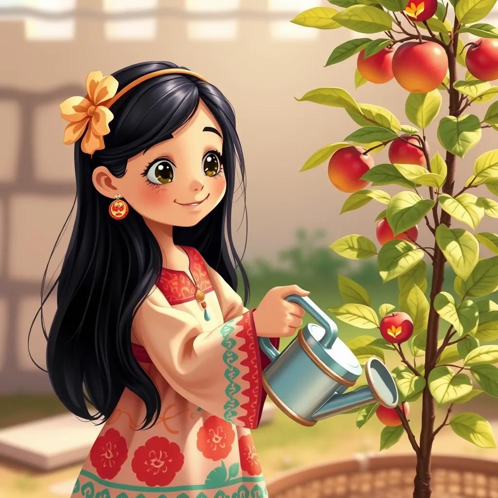 Sara, a young Arab girl with long black hair in a colorful dress, watering her young apple tree with a small watering can, bright and sunny day, cheerful and inviting, illustration, children's style