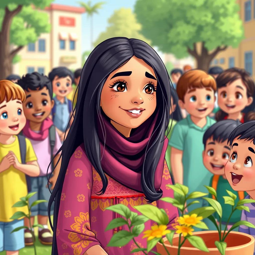 Sara, a young Arab girl with long black hair in a colorful dress, talking to her friends at school about planting trees, vibrant schoolyard filled with children, happy expressions, illustration, colorful, engaging