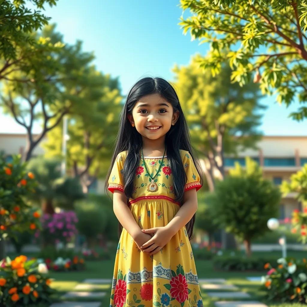 Sara, a young Arab girl with long black hair in a colorful dress, standing proudly in her schoolyard filled with lush green trees and flowers, bright blue sky, joyful atmosphere, heartwarming scene, digital art