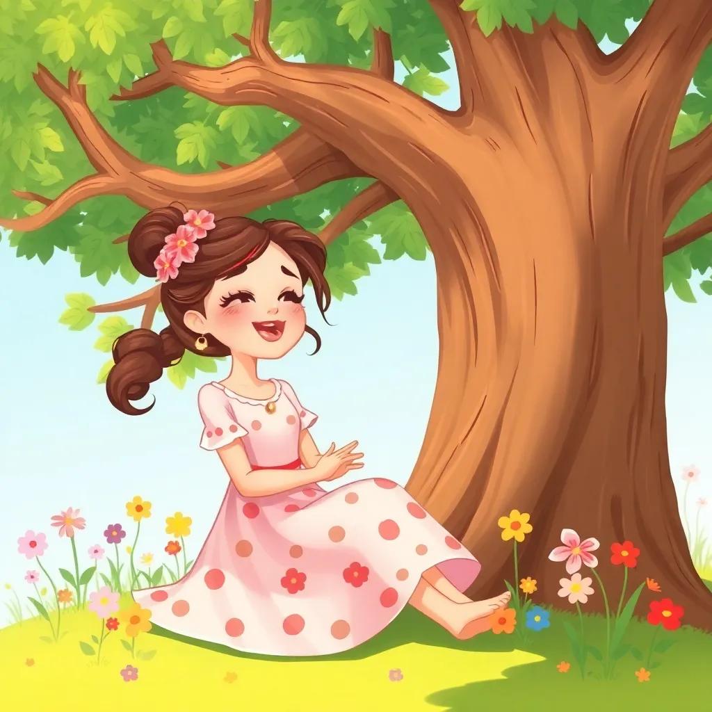 A beautiful girl named Layla, sitting under a large tree, singing happily, with colorful flowers around her, bright sunny day, whimsical style, cheerful atmosphere, high quality