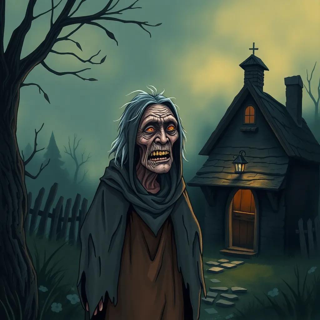 An old wicked woman with a gnarled face and tattered robes, standing near a small dark cottage surrounded by shadows, evening light, mysterious vibe, high quality