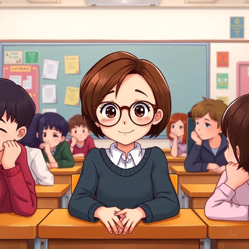 A smart girl, Sara, with short brown hair and wearing glasses, sitting in a classroom with students whispering around her, featuring colorful posters on the walls, digital art, vibrant colors, warm classroom atmosphere, high quality