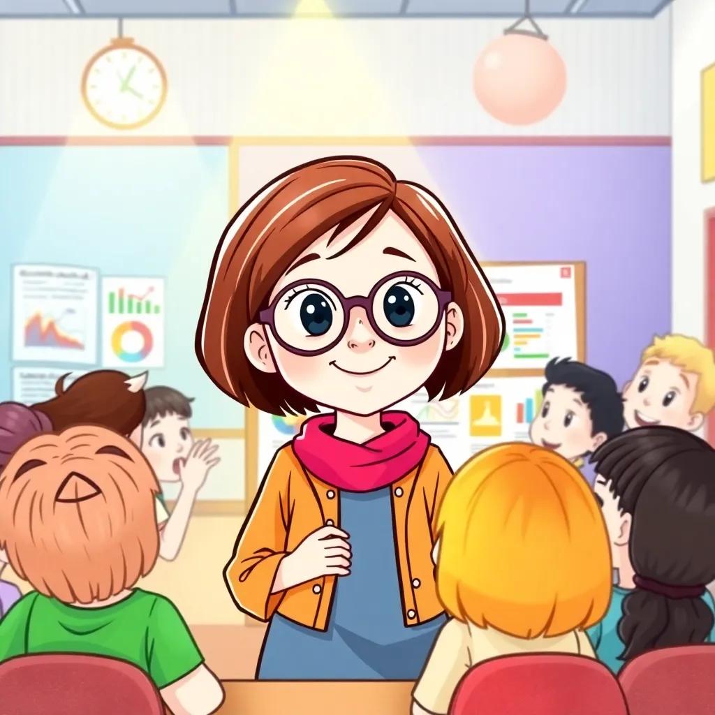 Sara, a smart girl with short brown hair and glasses, presenting her science project in front of amazed classmates, with a poster board filled with colorful charts, spotlighting her achievements, cheerful setting, bright lighting, engaging ambiance, high quality