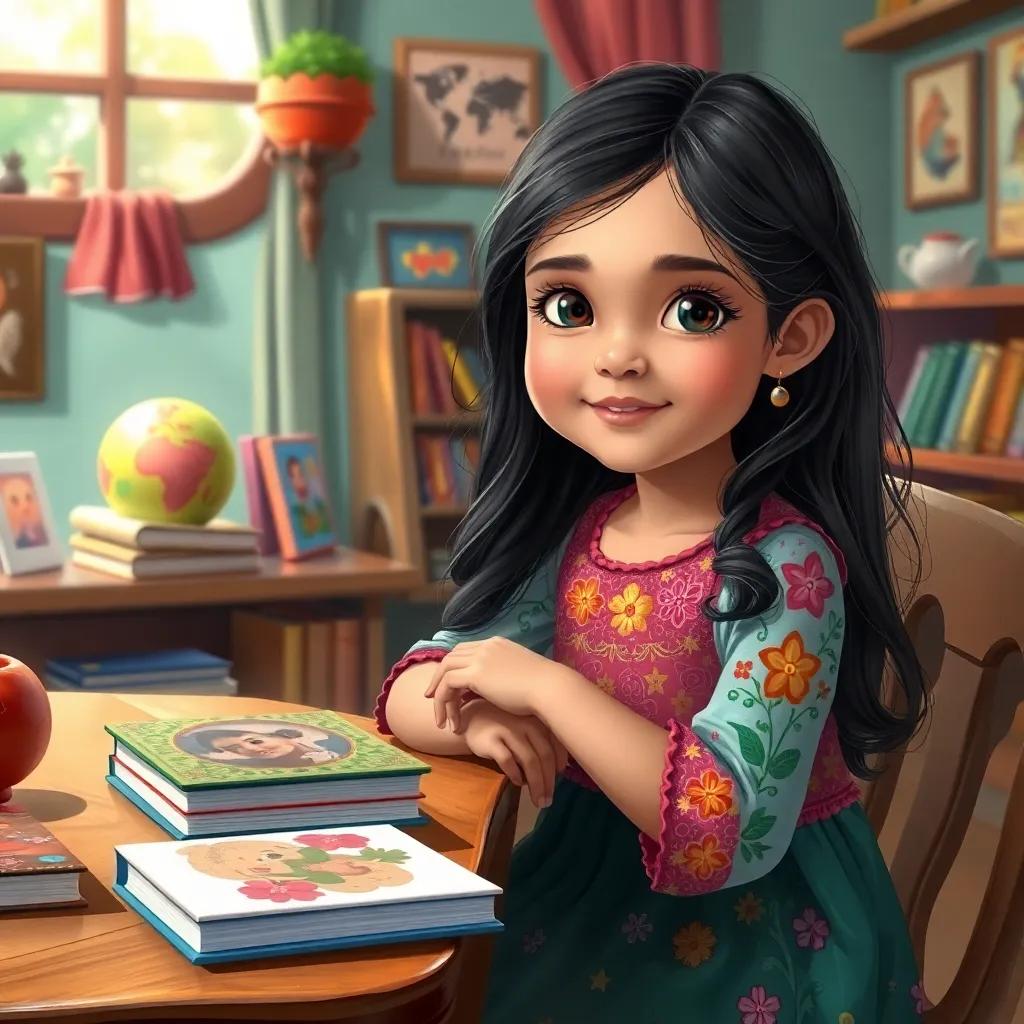 A young Arab girl, Noura, with long dark hair, wearing a colorful dress, sitting at a wooden table with books and toys, cheerful atmosphere, digital art, vibrant colors, inviting environment, high quality