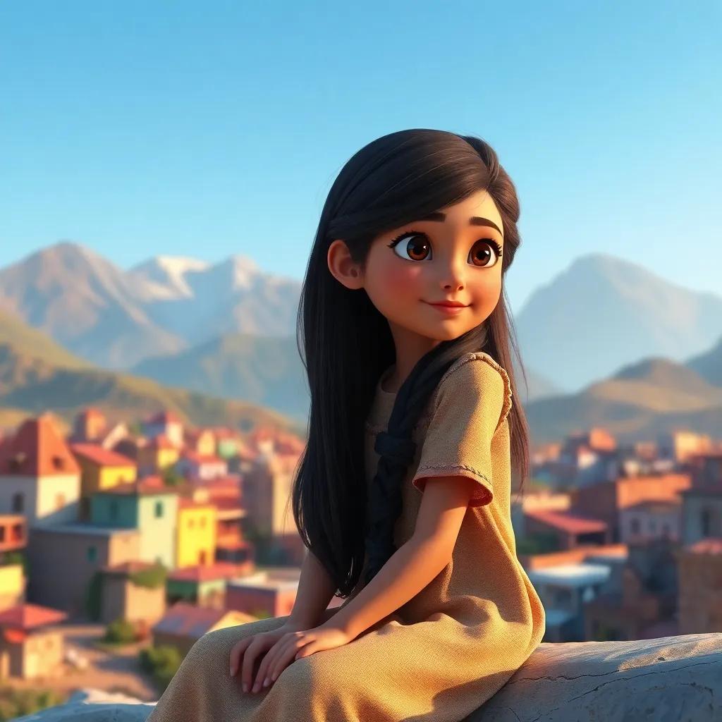 A young Arab girl, Leila, with long, dark hair, wearing a simple dress, sitting in a small village with mountains in the background, looking inspired, digital art, colorful village, warm light, inviting atmosphere, high quality