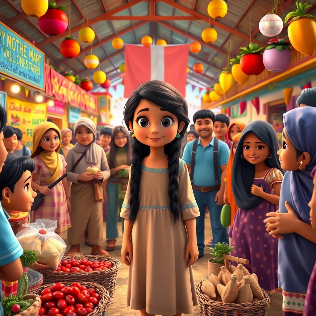 A group of farmers gathering around Leila, a young Arab girl with long, dark hair in a simple dress, in a bustling market with colorful stalls and cheerful people, showing teamwork and creativity, bright colors, joyful atmosphere, storytelling scene, high quality