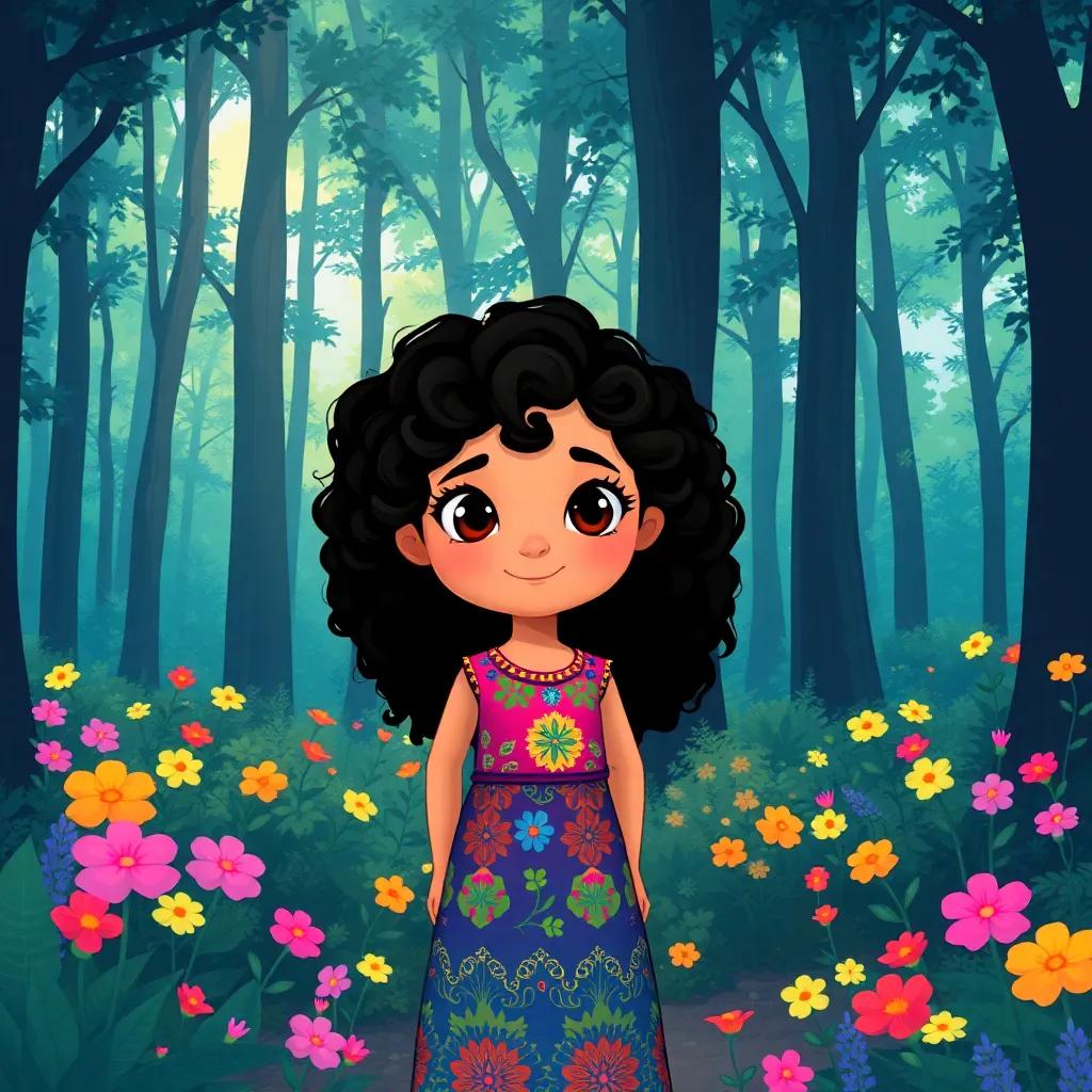 A young Arab girl, Mariam, with curly dark hair, wearing a colorful dress, standing in a dense forest surrounded by tall trees and colorful flowers, illustration, cheerful, magical, child-friendly, bright colors