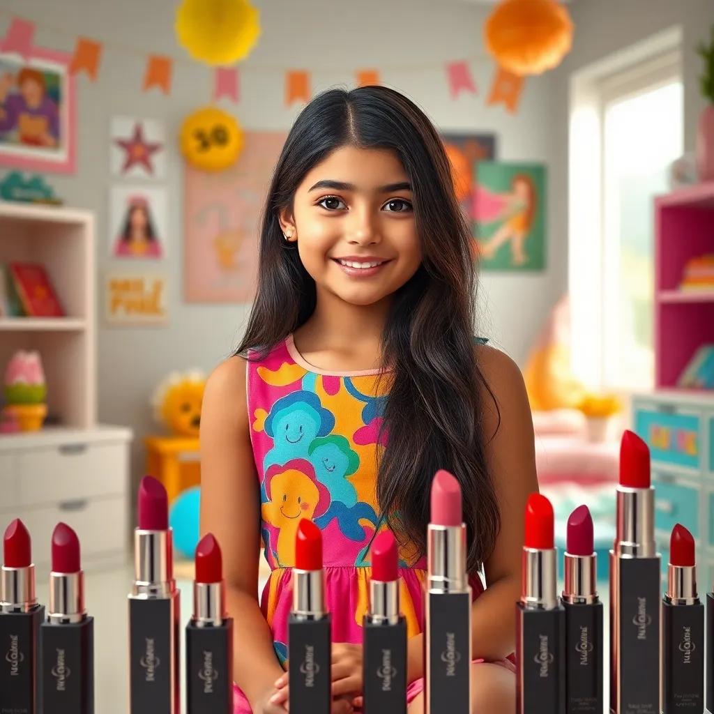 A young girl, Leila, with long dark hair, wearing a colorful dress, surrounded by lipstick tubes from the brand 'Pierre Cardin', in her bright and cheerful room, digital art, colorful, joyous atmosphere, high quality