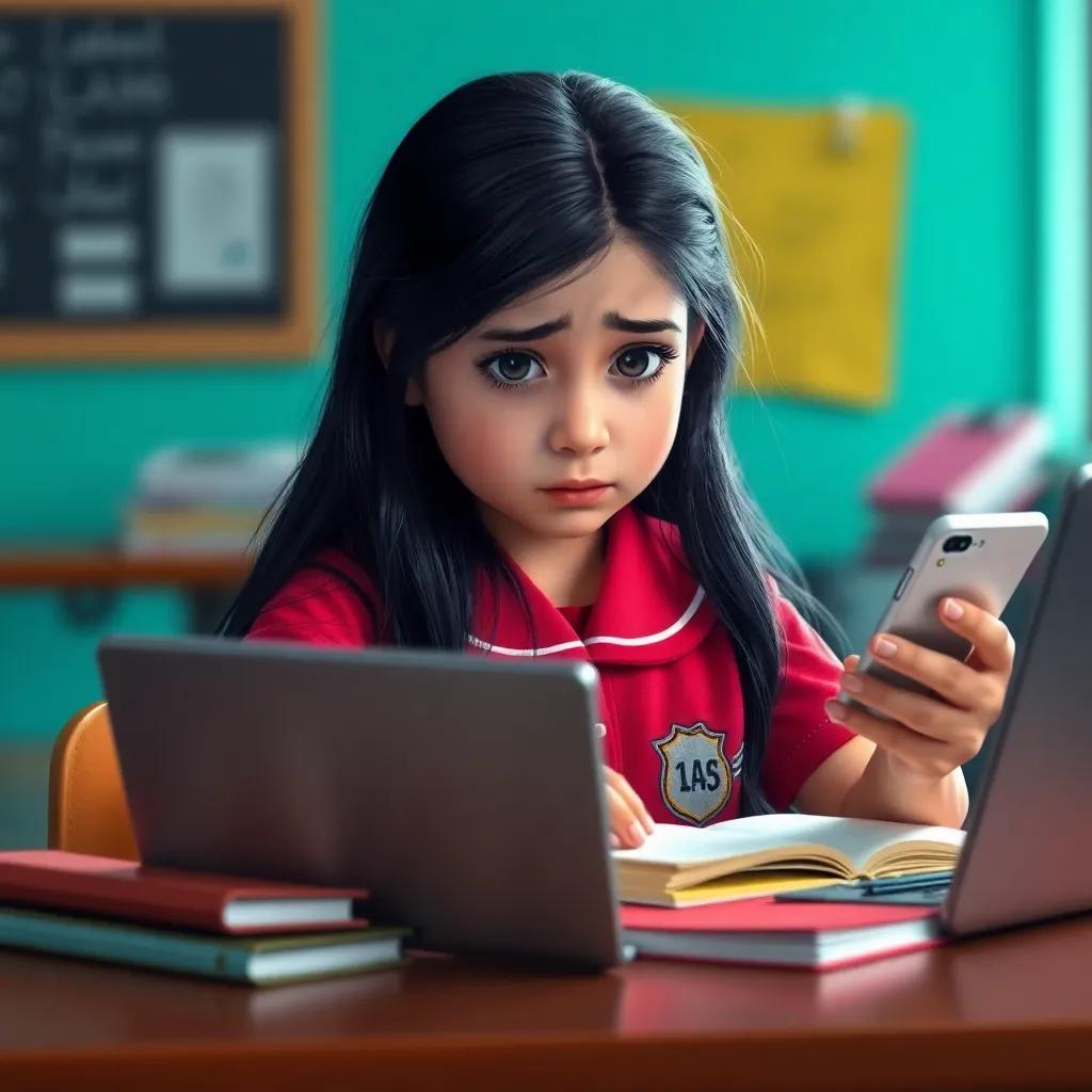 A young Arab girl, Layla, with long black hair, wearing a colorful school uniform, sitting at a desk with a laptop and notebooks, looking worried while scrolling social media on her phone, digital art, bright colors, tense atmosphere, high quality