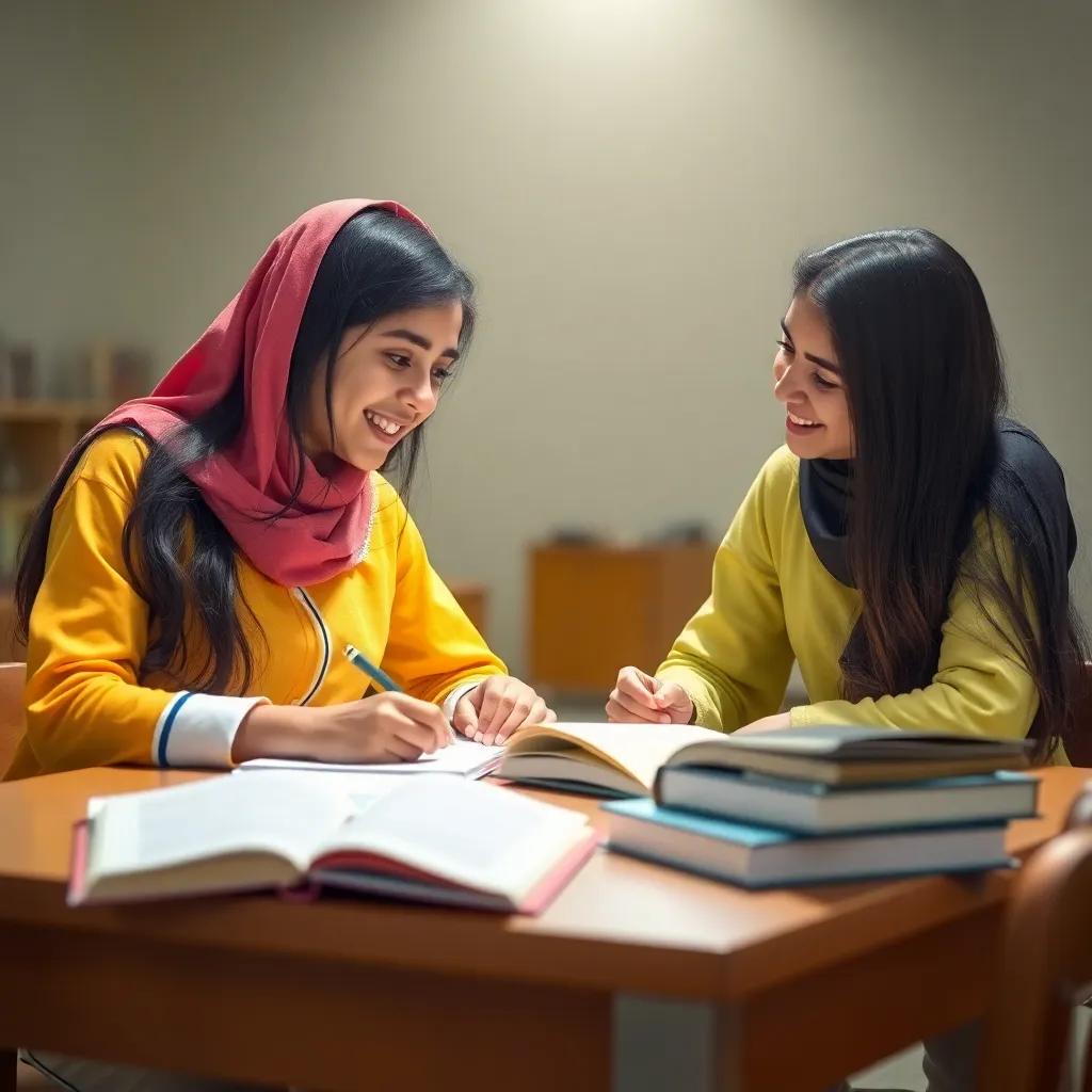 Layla, a young Arab girl with long black hair in a colorful school uniform, studying at a table with her friend Mariam, surrounded by textbooks and notes, with a bright light shining down, cheerful vibe, inspiring teamwork, high quality