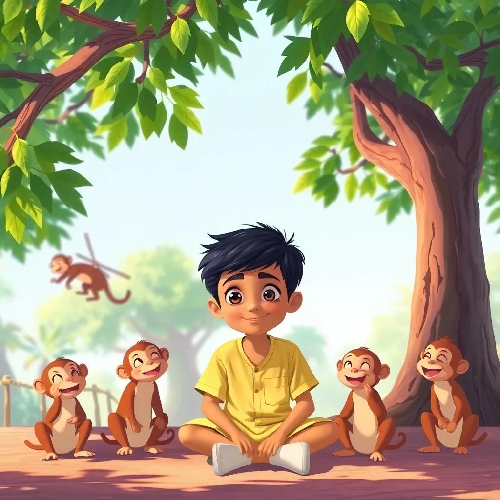 A young Arab boy, Sami, with short black hair, wearing a simple shirt and shorts, sitting under a large green tree with playful monkeys around him, bright colors, cheerful atmosphere, detailed digital art, child-friendly