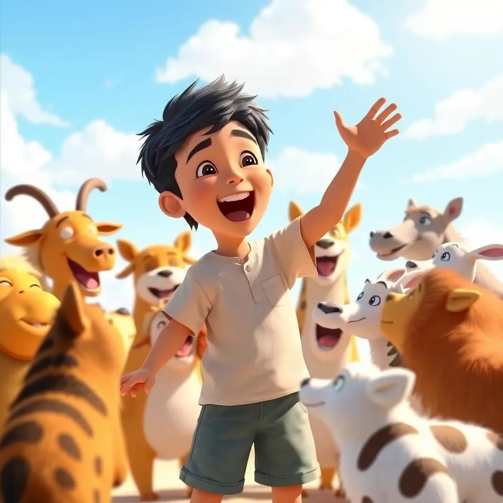 Sami, a young Arab boy with short black hair, wearing a simple shirt and shorts, joyfully shouting at a group of animals forming a circle around him, sunny day, vibrant and playful, high-quality illustration, lively scene